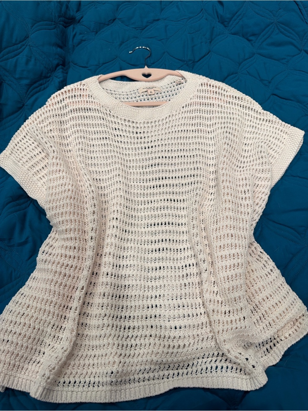 Max Studio Open-Knit Short Sleeve Sweater in Cream